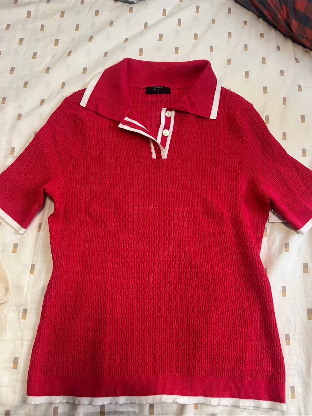 Tahari Red Short Sleeve Knit Polo with White Trim